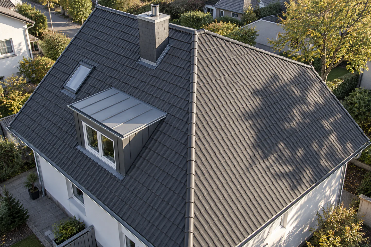 Erhöhte Ansicht eines dunklen Walmdachs mit Kamin, Gaube und erkennbarem Baumschatten