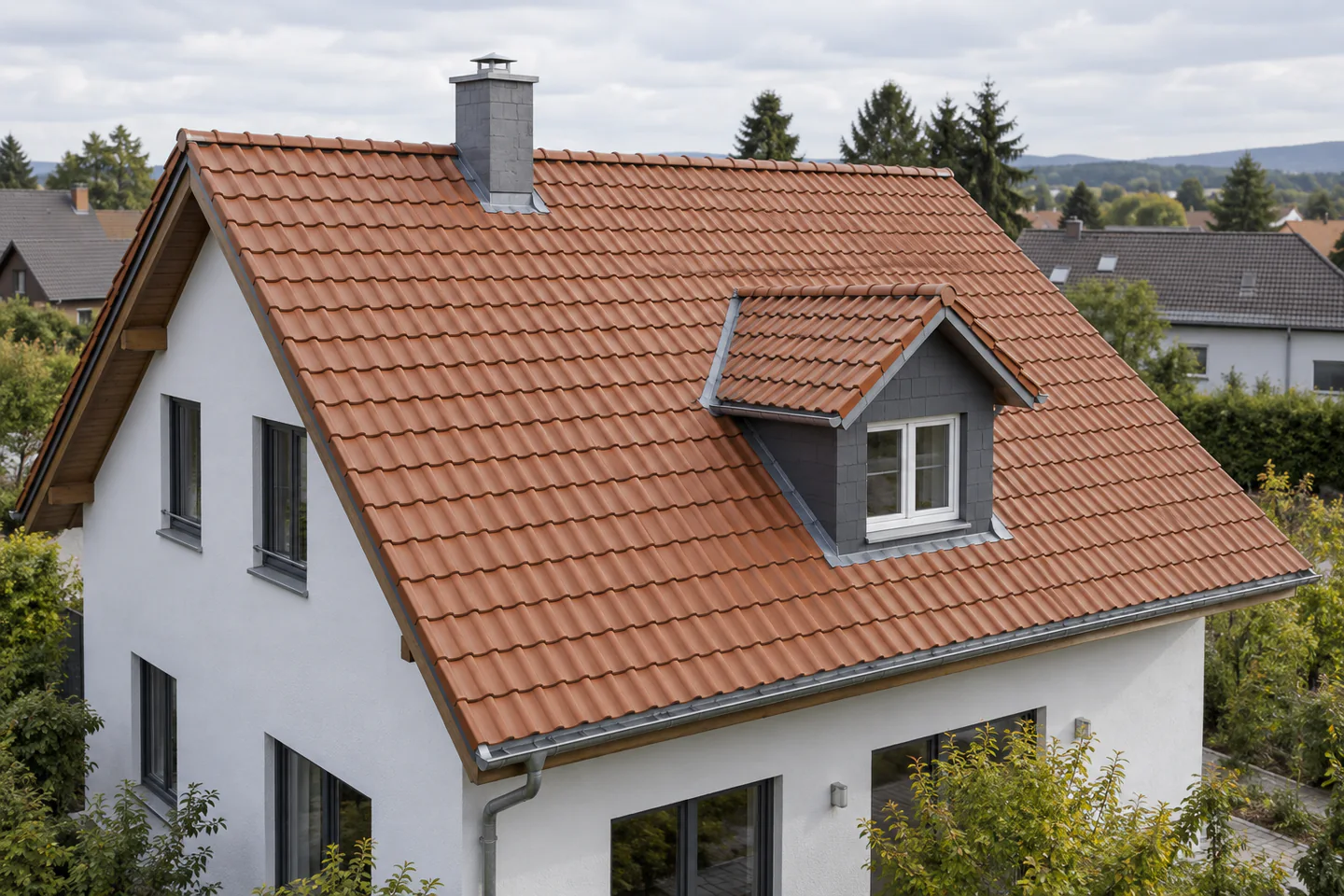 Erhöhte Ansicht eines deutschen Ziegeldachs mit Kamin und Gaube vor der Photovoltaik-Planung